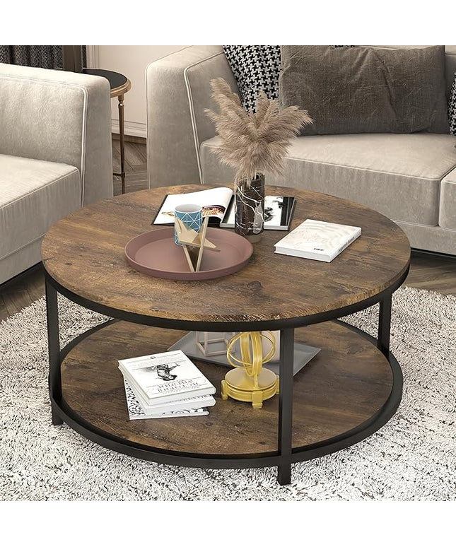 NSdirect 36 inches Round Coffee Table, Rustic Wooden Surface Top & Sturdy Metal Legs Industrial Sofa Table for Living Room Modern Design Home Furniture with Storage Open Shelf (Brown)