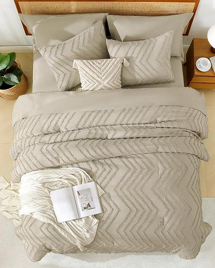 Litanika Light Hazel Queen Size Comforter Set with Sheets - 7 Pieces Bed in a Bag Queen Boho Tufted Complete Bedding Sets with Comforter, Sheets, Pillowcases & Shams