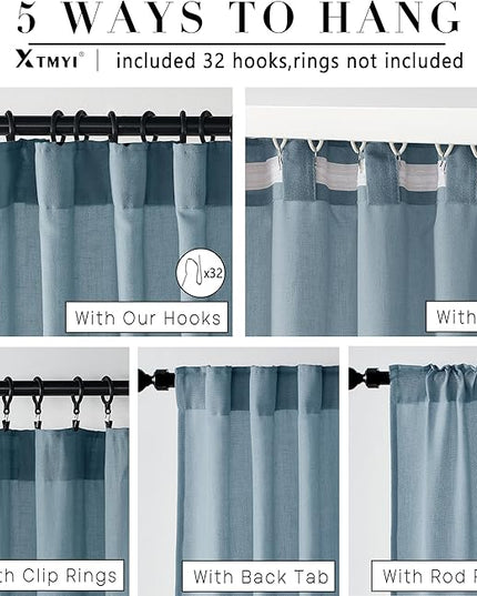 XTMYI Stone Blue Curtains 90 Inches Long for Living Room,Light Filtering Country Vintage Hooks Pleated Back Tab Semi Sheer Linen Curtains for Bedroom 2 Panels Set,Dusty Blue