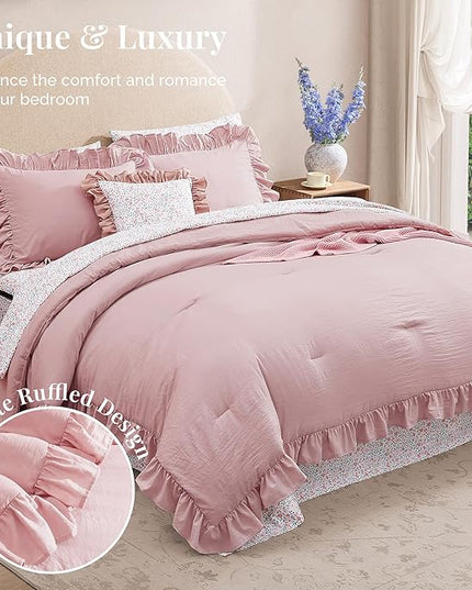 Twin XL Comforter Set - 5 Pieces Ruffle Soft Pink Bedding Sets, Shabby Chic Farmhouse Bed in a Bag Twin XL with Ruffle Comforter, Floral Sheets, Pillowcases & Shams