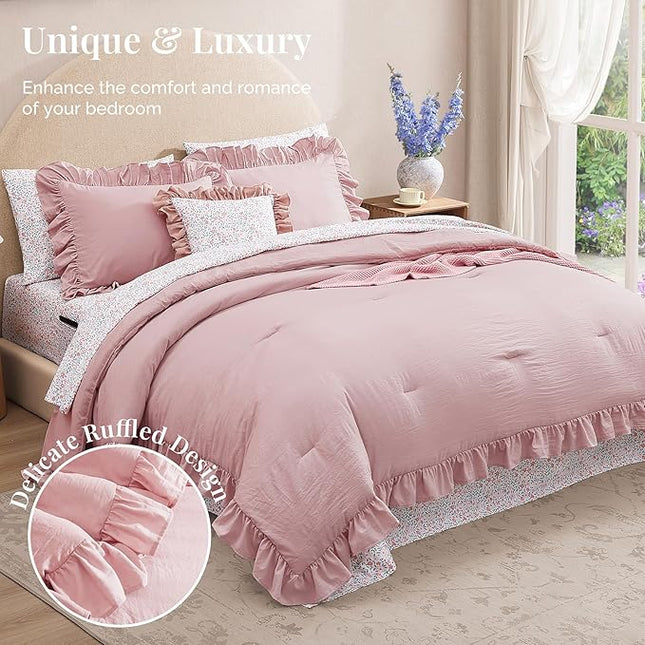 Twin XL Comforter Set - 5 Pieces Ruffle Soft Pink Bedding Sets, Shabby Chic Farmhouse Bed in a Bag Twin XL with Ruffle Comforter, Floral Sheets, Pillowcases & Shams