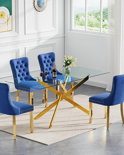 Rectangle Glass Dining Table Set for 4, 60'' Kitchen Table and Chairs Set, 5PCS Modern Dining Room Table Set with 4 Velvet Dining Chair for Home