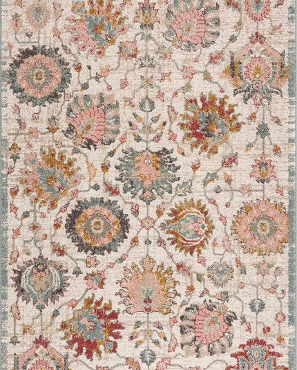 BoutiqueRugs Twilight Boho Vintage Colorful Area Rug - Farmhouse Traditional Floral Pink Carpet for Living Room, Bedroom - Cream, Green, Sage, Red, Gray, Taupe, Pink - 5'3" x 7' (5x7)