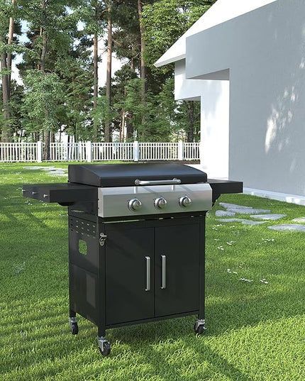 DIFY 3-Burner Propane Gas Griddle Grill, 28 in Flat Top Griddle Grill with Porcelain-Enameled Grates and Stainless Steel Frying Pan, 36000 BTU Output Barbecue Grills for Outdoor Barbecue