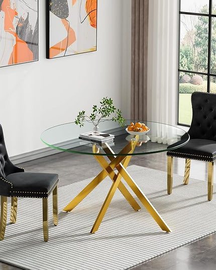 Round Glass Dining Table Set for 2, 47'' Clear Circular Kitchen Table and Chairs Set, 3PCS Modern Circle Dining Room Table Set with 2 Velvet Dining Chair for Home