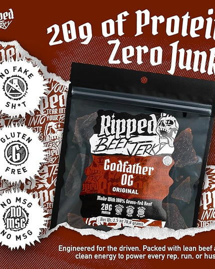 Ripped Beef Jerky - 100% Grass Fed Beef, 20g Protein, Real Ingredients, Gluten Free, No MSG, Made in USA (Pack of 3, Original)