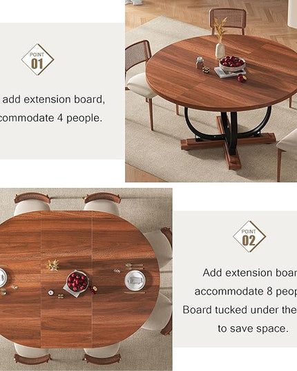59" Round Extendable Dining Table for 4-6, Modern Oval Kitchen Table with Heavy Duty Curved Legs & Wood X-Based, MDF Board with Spring Buckle, Space Saving, Dining Kitchen Living Room, Walnut