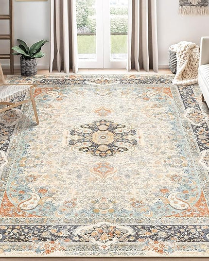 8x10 Area Rugs Washable,Vintage Rug for Living Room Bedroom Dining Room,Large Boho Bohemian Distressed Carpet Non Slip,Retro Blue Grey Floral
