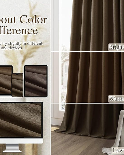 Guken 100% Blackout Curtains 84 Inch Length 2 Panels Set for Living Room Bedroom Back Tab Thermal Insulated Black Out Linen Drapes Room Darkening Chocolate,52x84