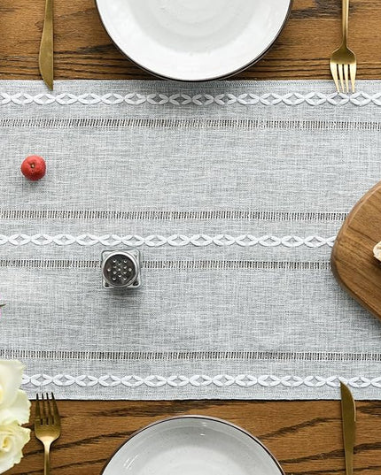 Artoid Mode Grey Rustic Cotton Linen Table Runner, Seasonal Embroidered Hollow Kitchen Dining Table Decoration for Home Party Decor 13x90 Inch