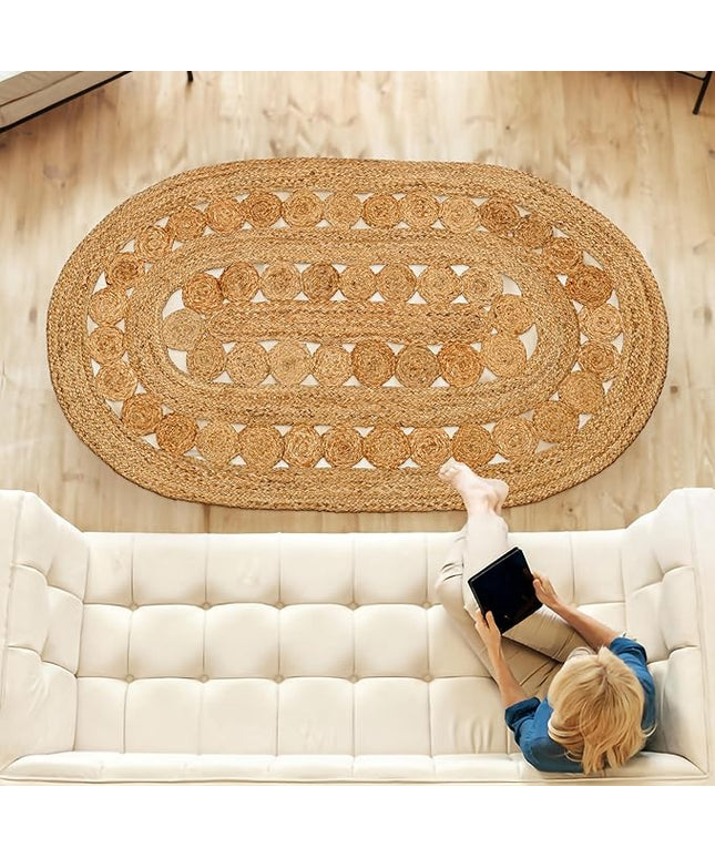 Hand Woven Jute Area Rug - 4' x 6' Feet - Rustic Beige Reversible Oval Rugs for Bedroom, Kitchen, Living Room - Vintage Natural Braided Entry Floor Décor Boho Oval Area Rugs 4x6 Feet