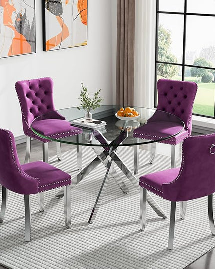 Round Glass Dining Table Set for 4, 47'' Clear Circular Kitchen Table and Chairs Set, 5PCS Modern Circle Dining Room Table Set with 4 Velvet Dining Chair for Home