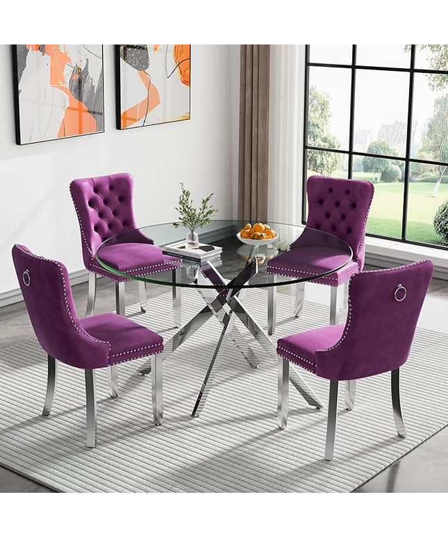 Round Glass Dining Table Set for 4, 47'' Clear Circular Kitchen Table and Chairs Set, 5PCS Modern Circle Dining Room Table Set with 4 Velvet Dining Chair for Home