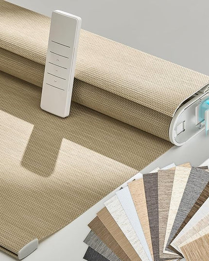 Persilux Smart Motorized Blinds with Remote, No Drill Automatic Roller Shades for Indoor Windows, Light Filtering Linen Fabric, Electric Blinds for Windows, Weave Straw C162-4, Custom Size