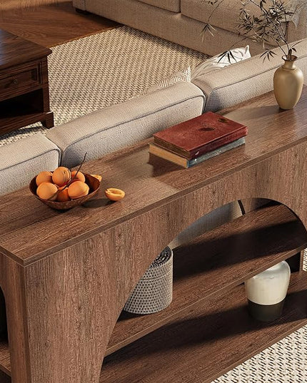 55" Console Table, Farmhouse Sofa Table with 3-Tier Storage, Wooden Entryway Table for Entrance, Hallway, Living Room (Brown Oak)
