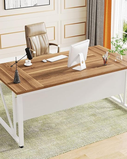 Tribesigns 63 inches Computer Desk with Bottom Storage Shelf Home Office Desk Writing Table for Workstation,Dark Walnut + Steel Leg， Cabinet not Included (Beige, 63-inch)