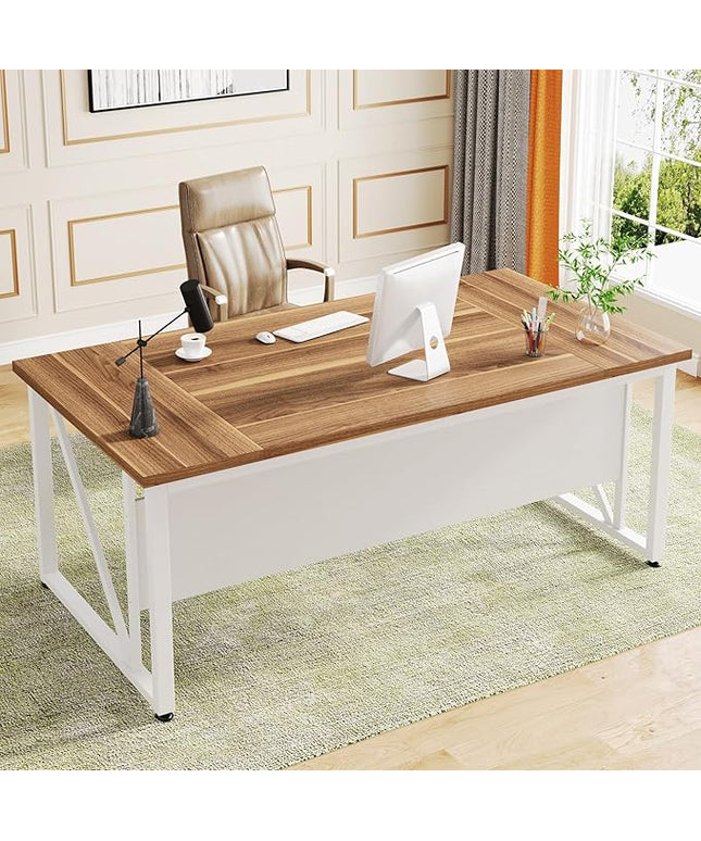 Tribesigns 63 inches Computer Desk with Bottom Storage Shelf Home Office Desk Writing Table for Workstation,Dark Walnut + Steel Leg， Cabinet not Included (Beige, 63-inch)