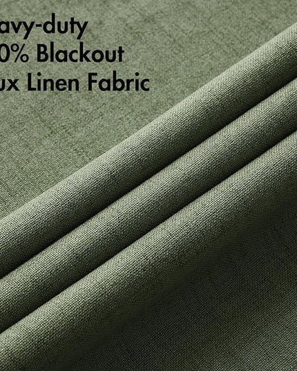 MIULEE 100% Blackout Linen Textured Curtains for Bedroom Solid Thermal Insulated Olive Green Grommet Room Darkening Curtains & Drapes Luxury Decor for Living Room Nursery 52 x 84 Inch (2 Panels)