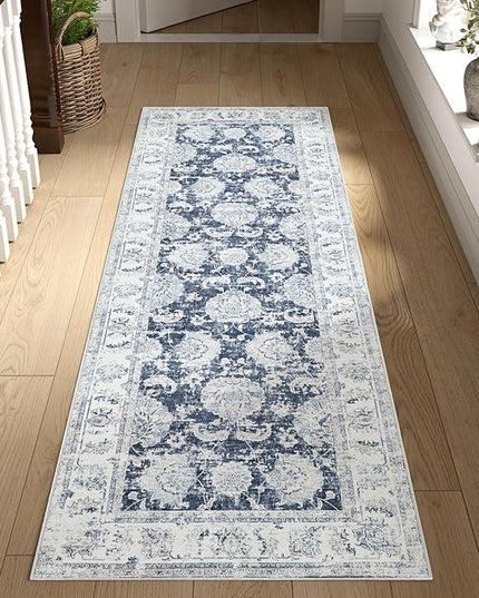 jinchan Fiora Runner Rug 2x5 Washable Hallway Runner- Vintage Floral Non Slip Low-Pile Soft Thin Kitchen Rug Distressed Carpet for Farmhouse Bedroom Entryway Laundry Room(2x5ft, Dark Blue)