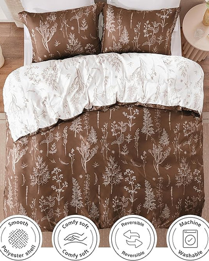 Love's cabin Chocolate Comforter Set King - King Size Comforter Set, 3 Pieces Cute Floral Bedding Sets for All Seasons,1 Soft Reversible Botanical Flowers Comforter and 2 Pillow Shams