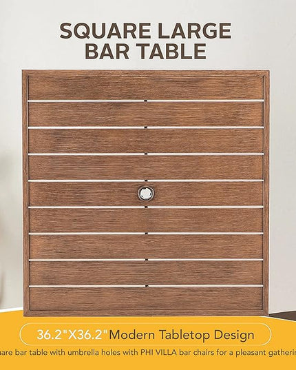 PHI VILLA 36"X36" Outdoor Metal Counter Height Table with 1.57" Umbrella Hole, Square Table with Teakwood-Brown Table Top and Black Table Legs for Outdoor and Indoor