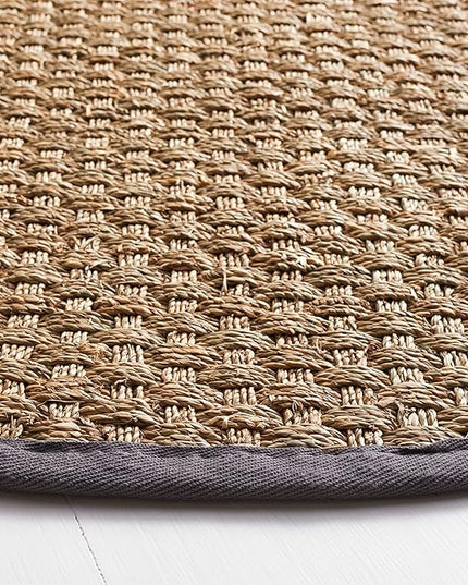 SAFAVIEH Area Rug 8' Round - Natural Fiber Collection - Natural & Dark Grey, Seagrass, Basketweave Pattern with Border (NF114Q)
