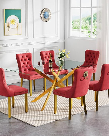 HomVent 7 Piece Rectangular Glass Dining Table Set, Tempered Glass Dinner Table Set for 6 Kitchen Table Set with 6 Velvet Upholstered Chairs for Kitchen Dining Room