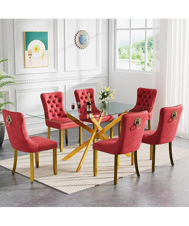 Modern 7-Piece Glass Dining Table Set for 6, Modern 60" Rectangle Gold Glass Dining Room Table Set with Wine Red Velvet Tufted Chairs Wood Legs for Kitchen Dining Room