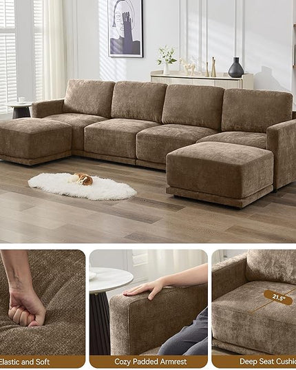 143.8" Modular Sectional Sofa Modern Chenille U Shaped Couch with Thickened Seat Cushions, Easy Assembly, Upholstered 6 Seater Couch with 2 Movable Ottomans for Living Room, Brown