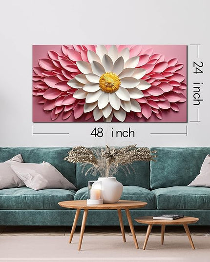 Ouzzlie Flower Canvas Wall Art for Living Room Bedroom Home Office Pink Picture Art Modern Large Floral Wall Decor Prints White Artwork 24" x 48"