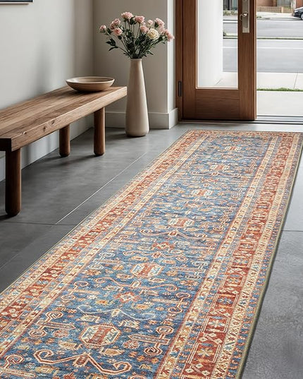 GLN Rugs Traditional Collection - Machine Washable Area Rug, Traditional Washable, Non Slip, Low Pile Chenille Rug, Living Room, Bedroom, Kitchen Rug (2'6"x10' Terra and Blue)