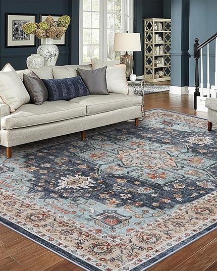 Washable Oriental Area Rug - 8x10 Rugs for Living Room Soft Carpet for Bedroom Waterproof Floral Distressed Indoor Stain Resistant Non-Shedding Floor Carpets (Blue/Teal/Orange, 8x10)