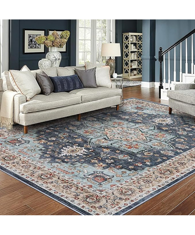 Washable Oriental Area Rug - 8x10 Rugs for Living Room Soft Carpet for Bedroom Waterproof Floral Distressed Indoor Stain Resistant Non-Shedding Floor Carpets (Blue/Teal/Orange, 8x10)