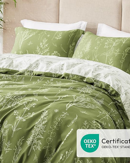 Love's cabin Olive Green King Comforter Set - King Size Comforter Set, 3 Pieces Cute Floral Bedding Sets for All Seasons,1 Soft Reversible Botanical Flowers Comforter and 2 Pillow Shams