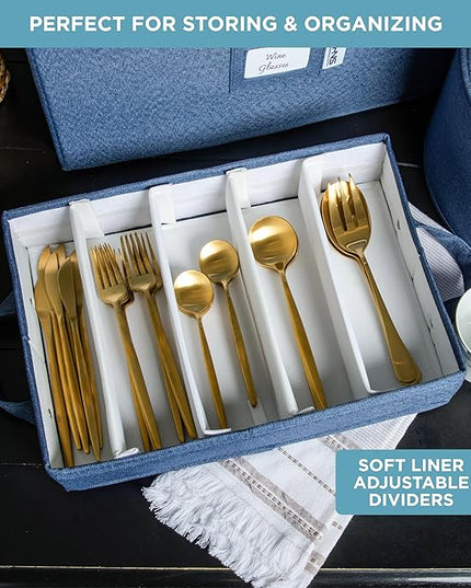 Hard Shell China Storage Containers 12-Piece Set Moving Boxes for Dinnerware, Glasses, Plates, Mugs and Saucers Sturdy Dish Organizer with Dividers for Seasonal Storage - Service for 12 - Denim Blue