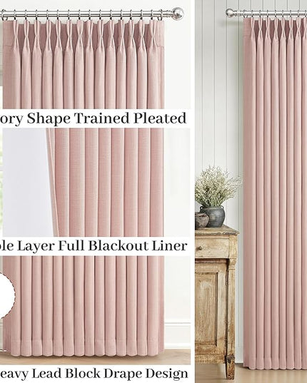 Blush Pink Double Layer Linen Pinch Pleated Curtains 90 Inches Long for Kids Room 2 Panels Set, Beautiful Memory Shape Blackout Insulated Noise Reducing Textured Viral Windows Drapes 40 x 90 Length