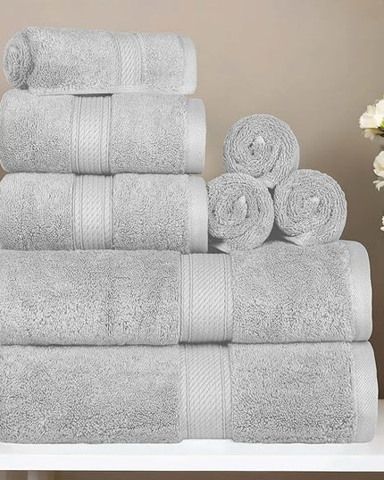 Superior Egyptian Cotton Pile 8 Piece Towel Set, Includes 2 Bath, 2 Hand, 4 Face Towels/Washcloths, Ultra Soft Luxury Towels, Thick Plush Essentials, Guest Bath, Spa, Hotel Bathroom, Silver
