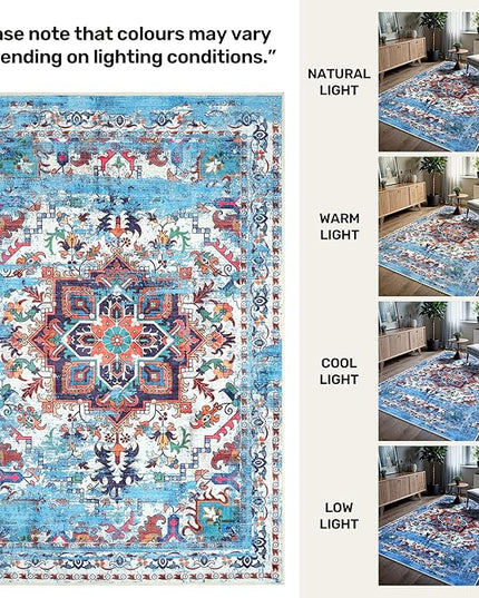GLN Rugs Traditional Collection - Machine Washable Area Rug, Traditional Washable, Non Slip, Low Pile Chenille Rug, Living Room, Bedroom, Kitchen Rug (6'6"x9'6" Blue)