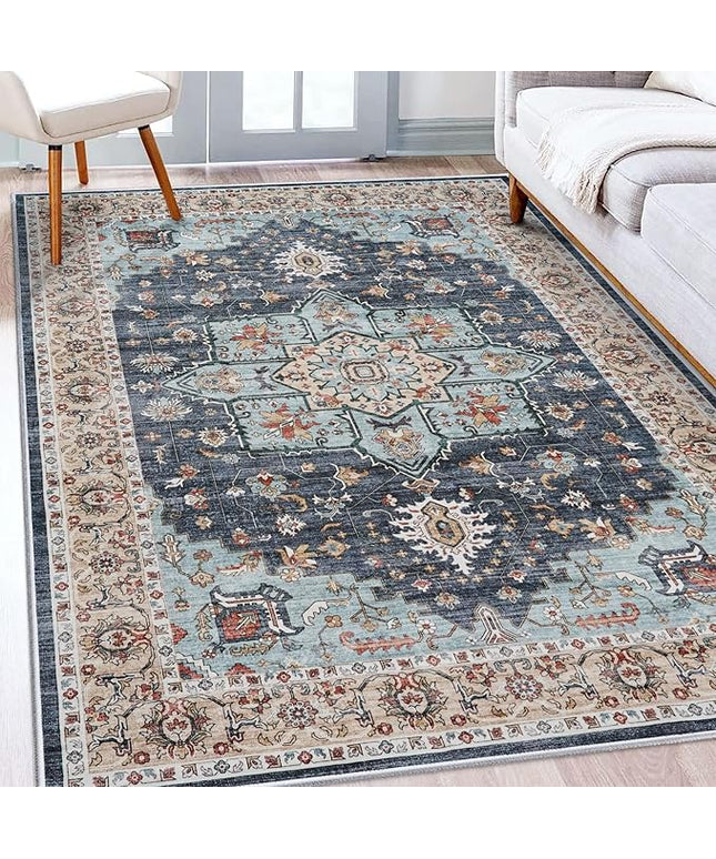 Washable Oriental Area Rug - 5x7 Rugs for Living Room Soft Carpet for Bedroom Waterproof Floral Distressed Indoor Stain Resistant Non-Shedding Floor Carpets (Blue/Teal/Orange, 5x7)