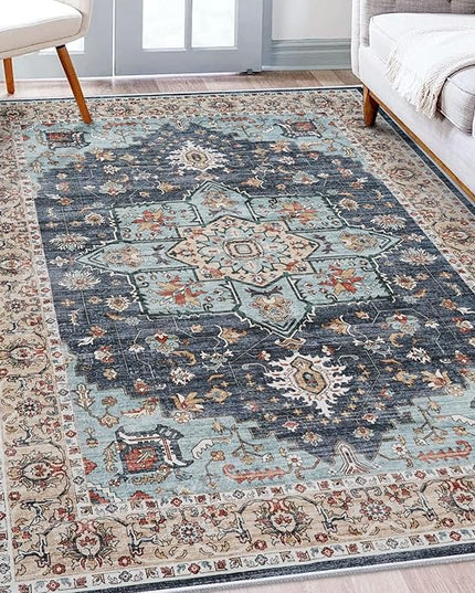 Washable Oriental Area Rug - 5x8 Rugs for Living Room Soft Carpet for Bedroom Waterproof Floral Distressed Indoor Stain Resistant Non-Shedding Floor Carpets (Blue/Teal/Orange, 5x8)