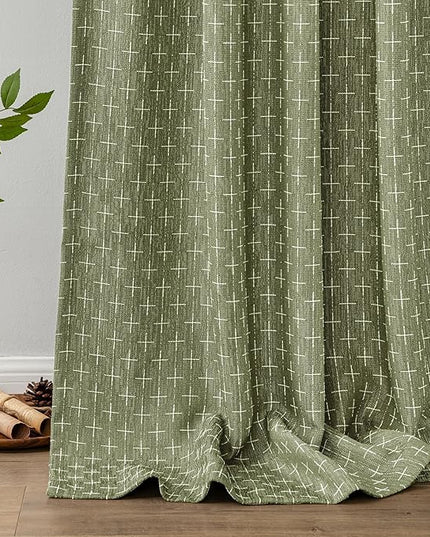 MIULEE Decorative Back Tab Linen Curtains with Geometric Pattern for Living Room Bedroom Farmhouse Rustic Thick Woven Textured Patterned Mudcloth Drapes 84 Inches Long 2 Panels Set, Sage Green