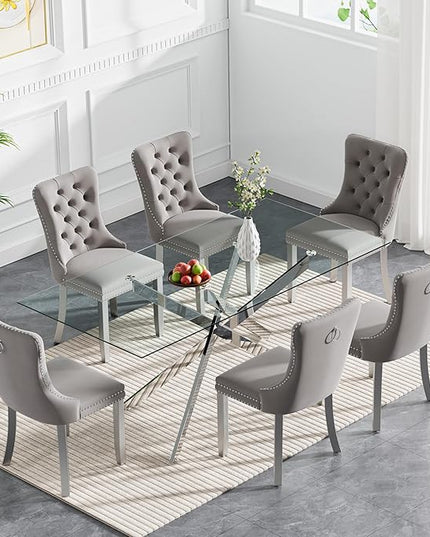 Modern 7-Piece Glass Dining Table Set for 6, Modern 60" Rectangle Silver Glass Dining Room Table Set with Light Grey Velvet Tufted Chairs Wood Legs for Kitchen Dining Room