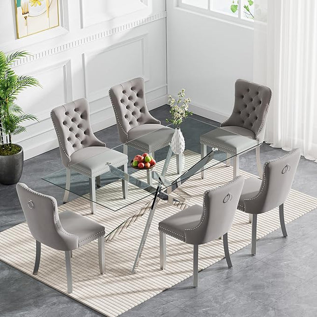 Modern 7-Piece Glass Dining Table Set for 6, Modern 60" Rectangle Silver Glass Dining Room Table Set with Light Grey Velvet Tufted Chairs Wood Legs for Kitchen Dining Room
