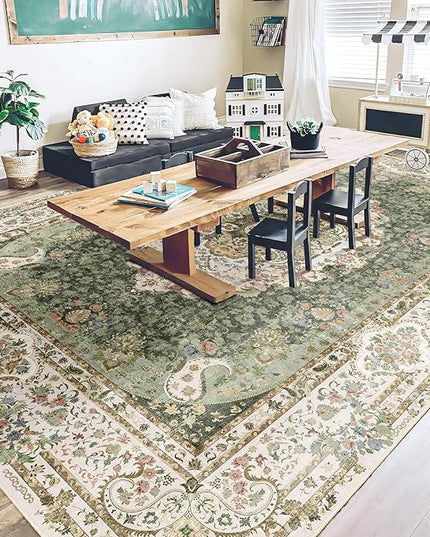 9x12 Area Rugs Washable,Green Rug for Living Room Bedroom Dining Room,Large Boho Vintage Bohemian Distressed Carpet Non Slip,Floral