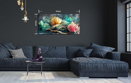 Lotus Flower Wall Art for Living Room, Floral Canvas Picture Print for Bedroom, Vintage Artwork Decor for Home, Stretched and Framed Ready to Hang, Size 48x24 Inches