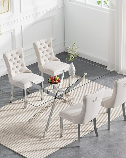 Rectangle Glass Dining Table Set for 4, 60'' Kitchen Table and Chairs Set, 5PCS Modern Dining Room Table Set with 4 Velvet Dining Chair for Home