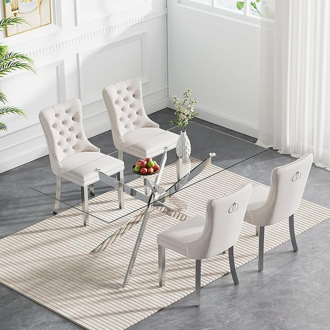 Rectangle Glass Dining Table Set for 4, 60'' Kitchen Table and Chairs Set, 5PCS Modern Dining Room Table Set with 4 Velvet Dining Chair for Home
