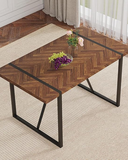 FURNITO 55" Modern Dining Table for 4–6, Rectangular Dark Wood Table with Black Metal Legs, Farmhouse Kitchen Dining Table for Home or Apartment, Durable & Easy Assembly Design