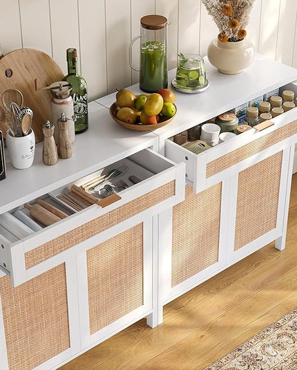 YOUDENOVA 60.3" Sideboard Buffet Cabinet, Rattan Cabinet Cupboard Console with 4 Doors & 2 Drawers, Boho Coffee Bar Table with Adjustable Shelves for Dining Room, Living Room, White