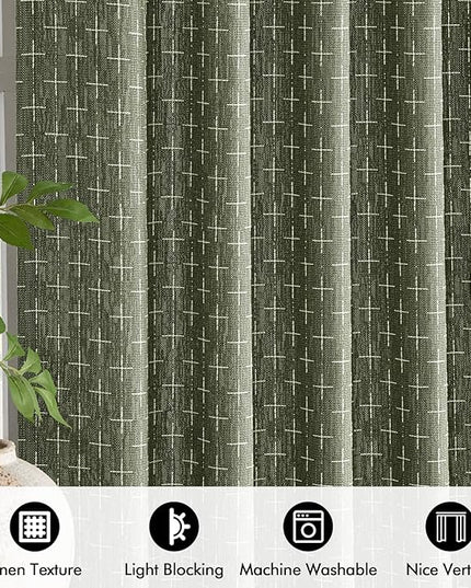 MIULEE Decorative Back Tab Linen Curtains with Geometric Pattern for Living Room Bedroom Farmhouse Rustic Thick Woven Textured Patterned Mudcloth Drapes 72 Inches Long 2 Panels Set, Olive Green